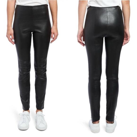 Theory Lamb Leather Black Leggings Sleek Pants Elastic Waist Zipper Details 10 - Picture 1 of 9